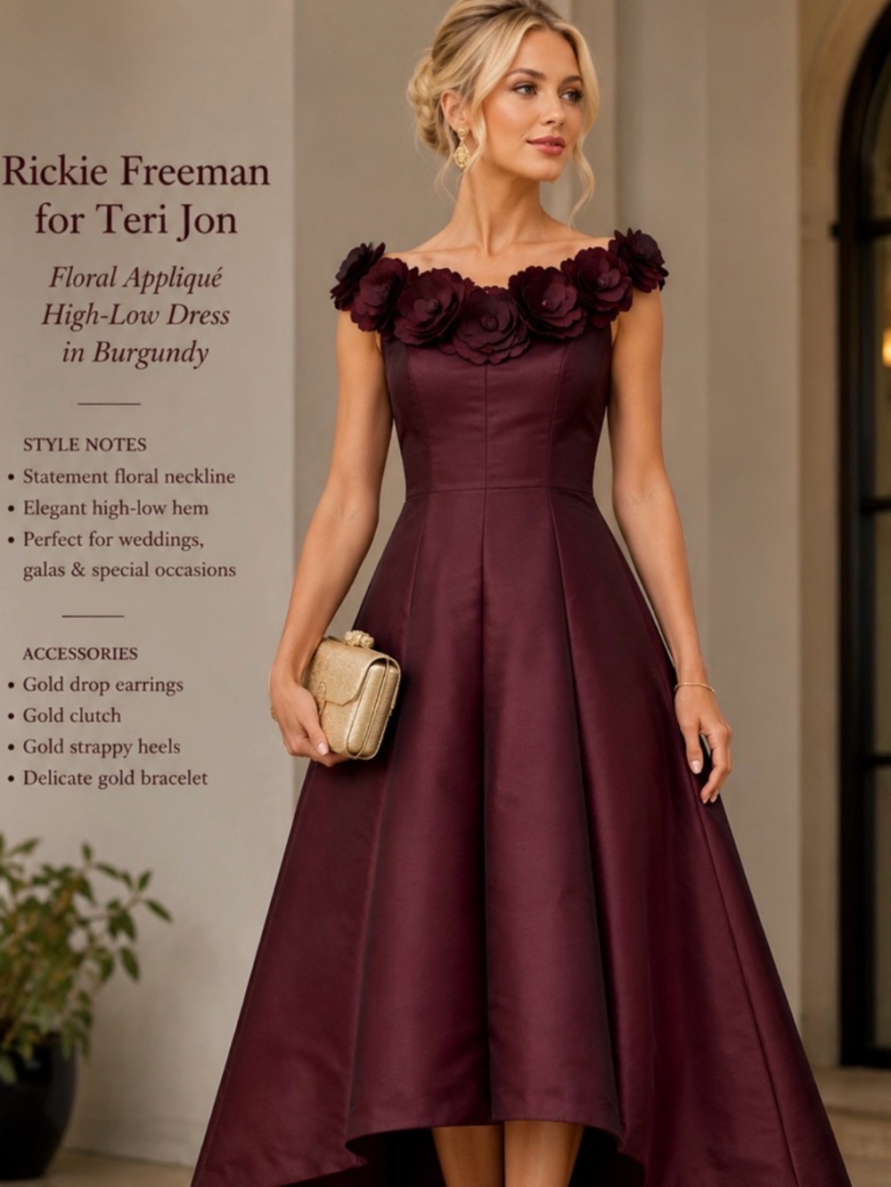 Rickie Freeman for Teri Jon Burgundy Floral Appliqué High-Low dress Size 8